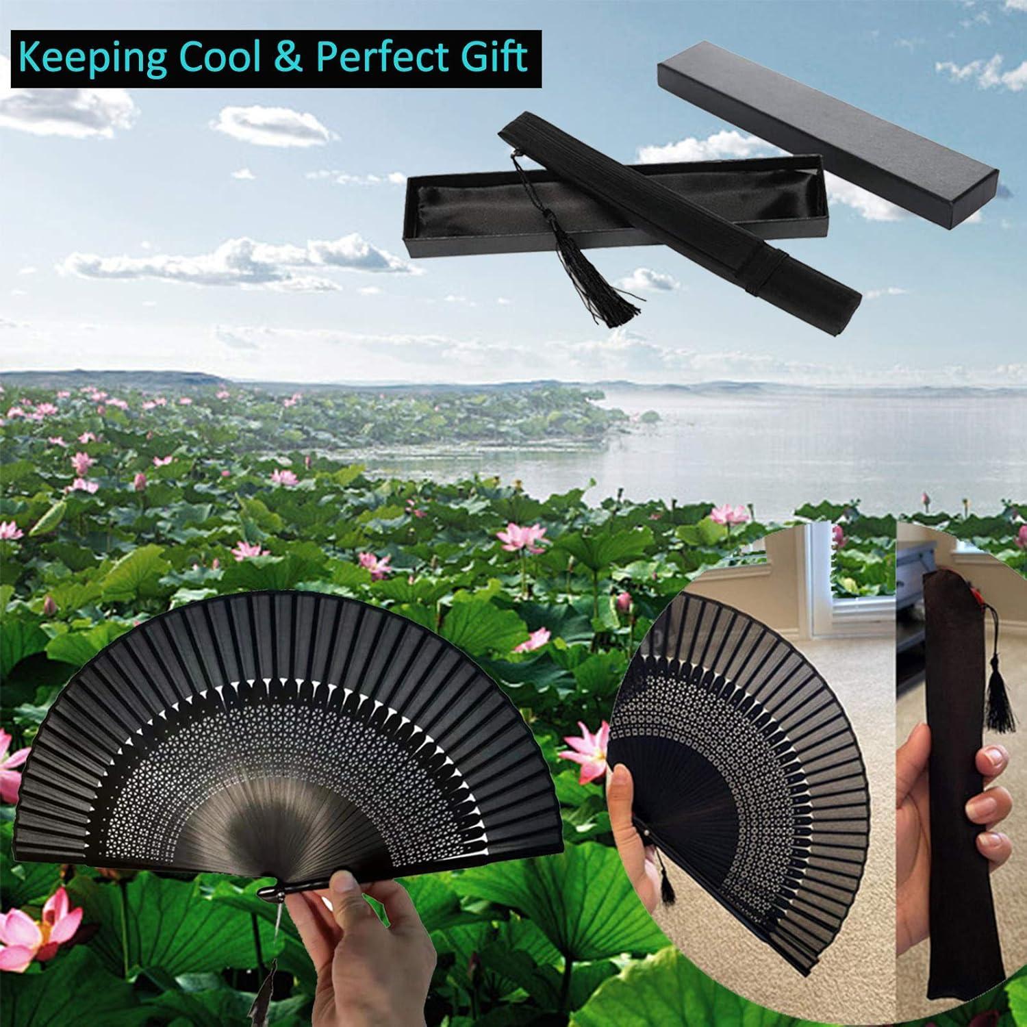 Abanico Plegable de Bambú y Seda Negro Vintage 21cm