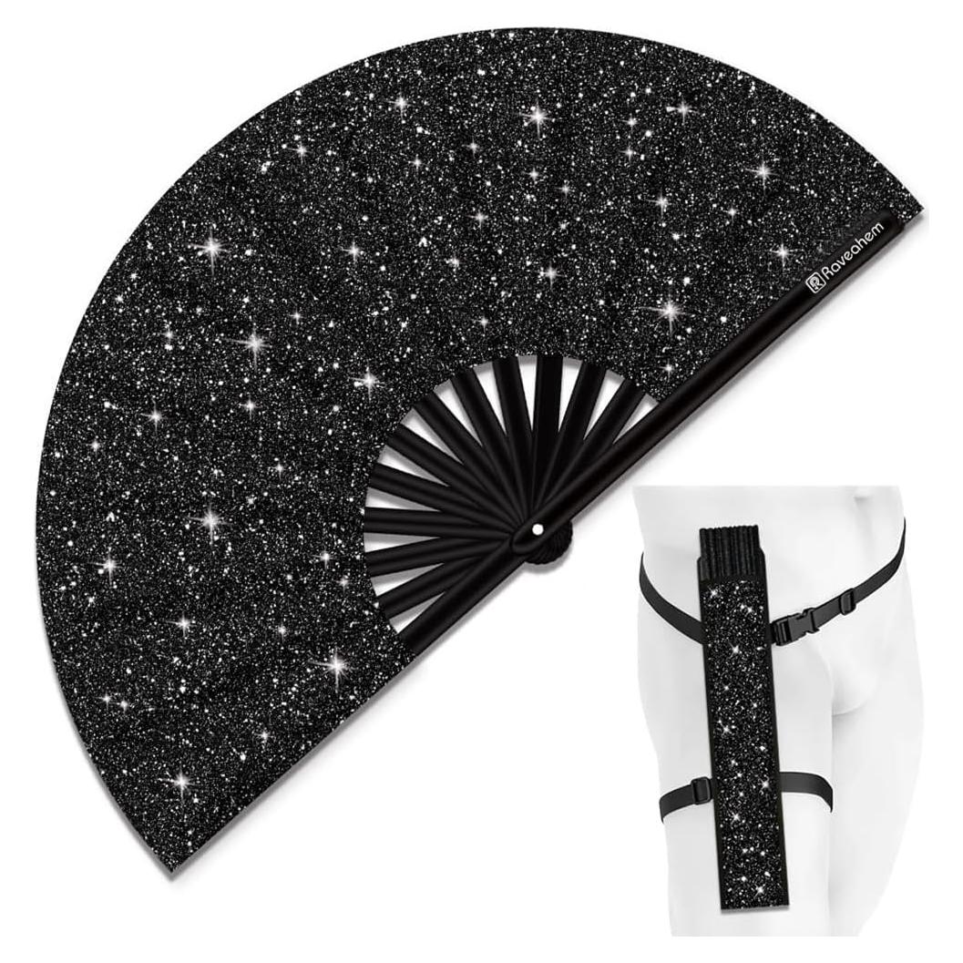 Abanico Plegable Grande Raveahem Negro 63cm con Funda