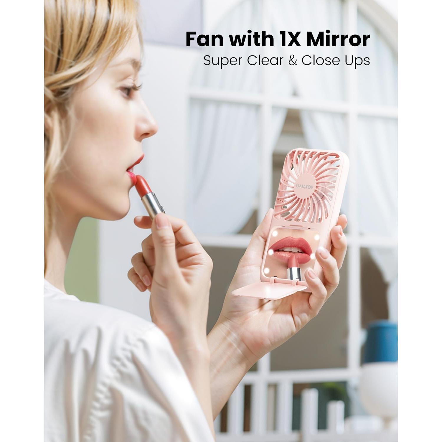 Ventilador Portátil Gaiatop Rosa con Espejo LED y Soporte