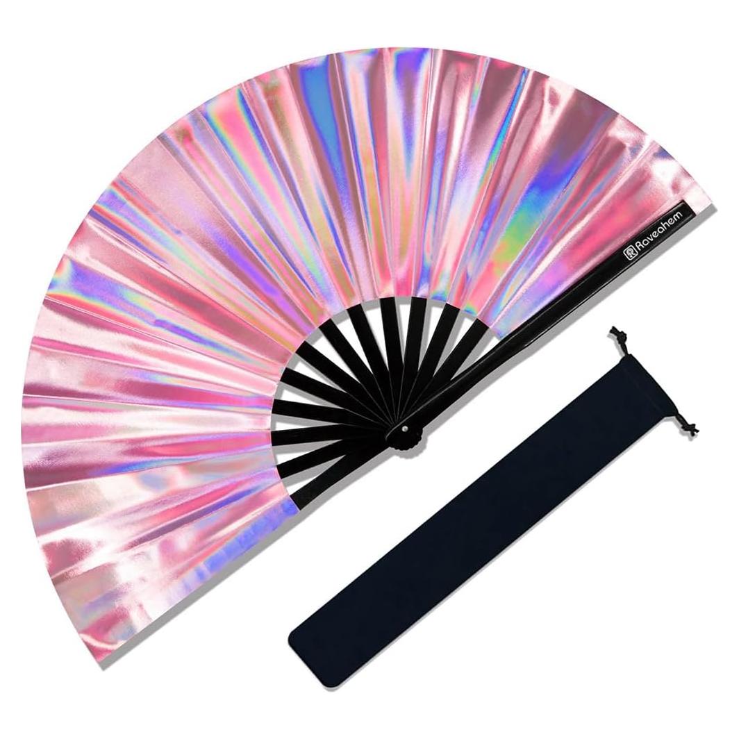 Abanico Plegable Raveahem 33 cm Rosa Holográfico Brillante