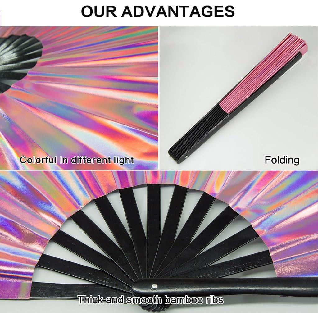 Abanico Plegable Raveahem 33 cm Rosa Holográfico Brillante