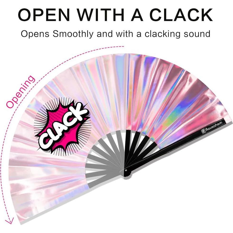 Abanico Plegable Raveahem 33 cm Rosa Holográfico Brillante