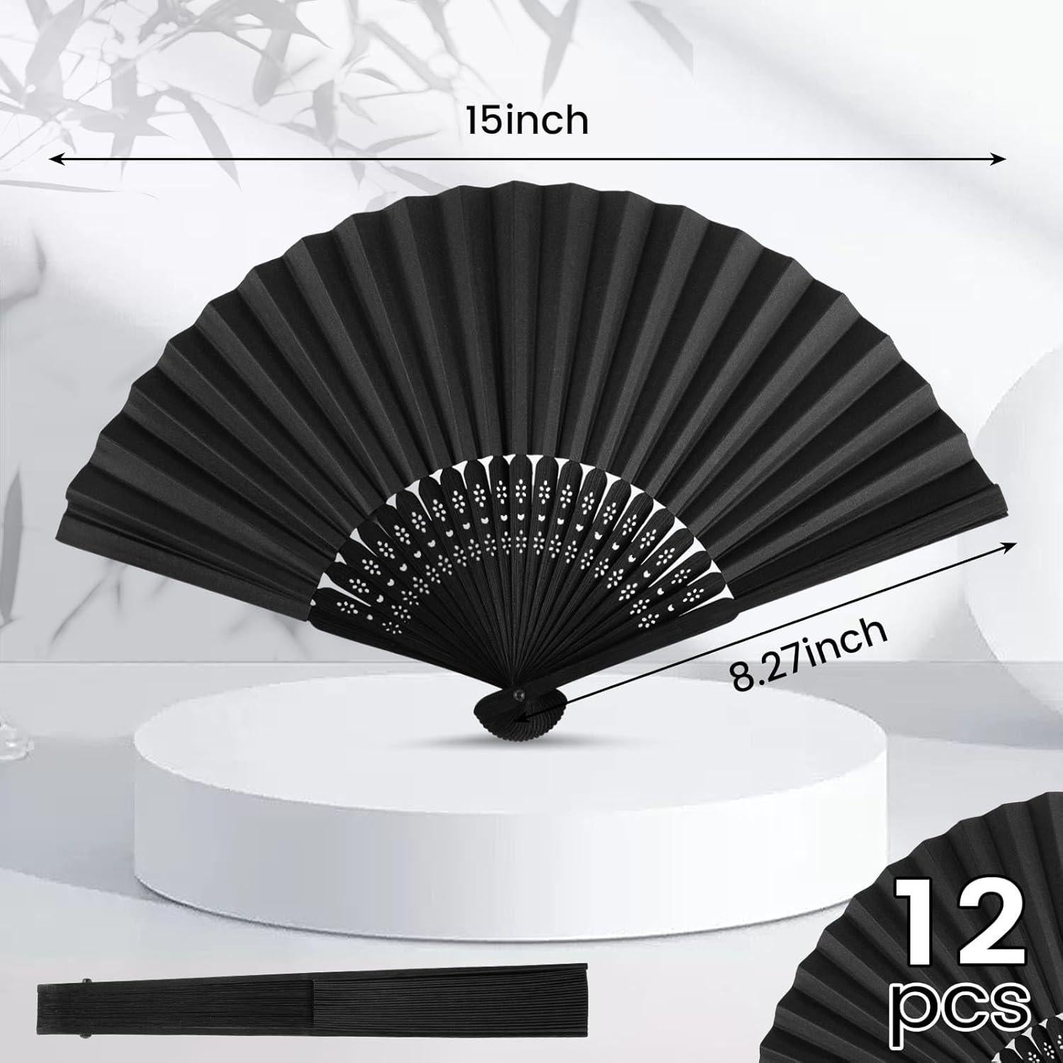 JOHOUSE 12 Abanicos de Papel Plegables Negros 21x38 cm