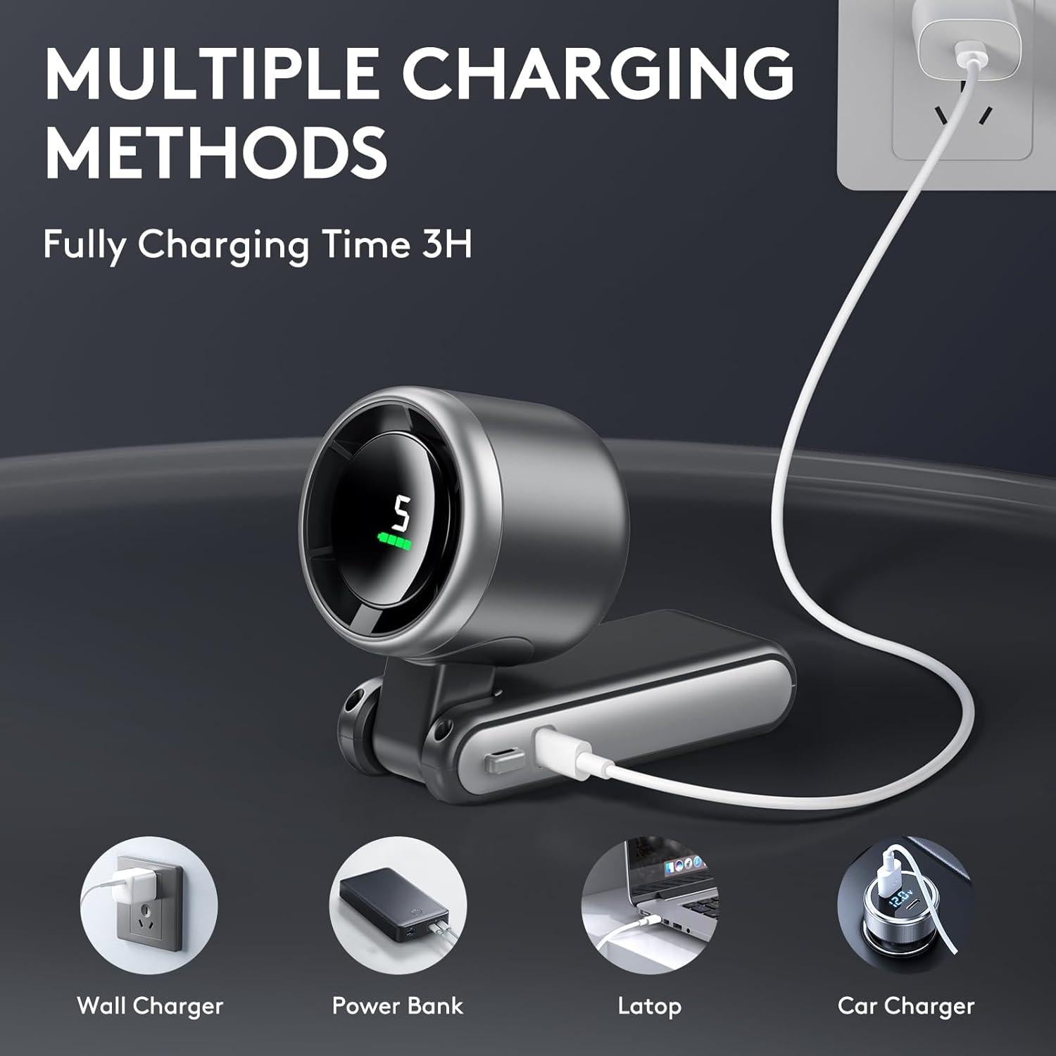 Ventilador de Mano Pymoji Mini Recargable 5 Velocidades Gris