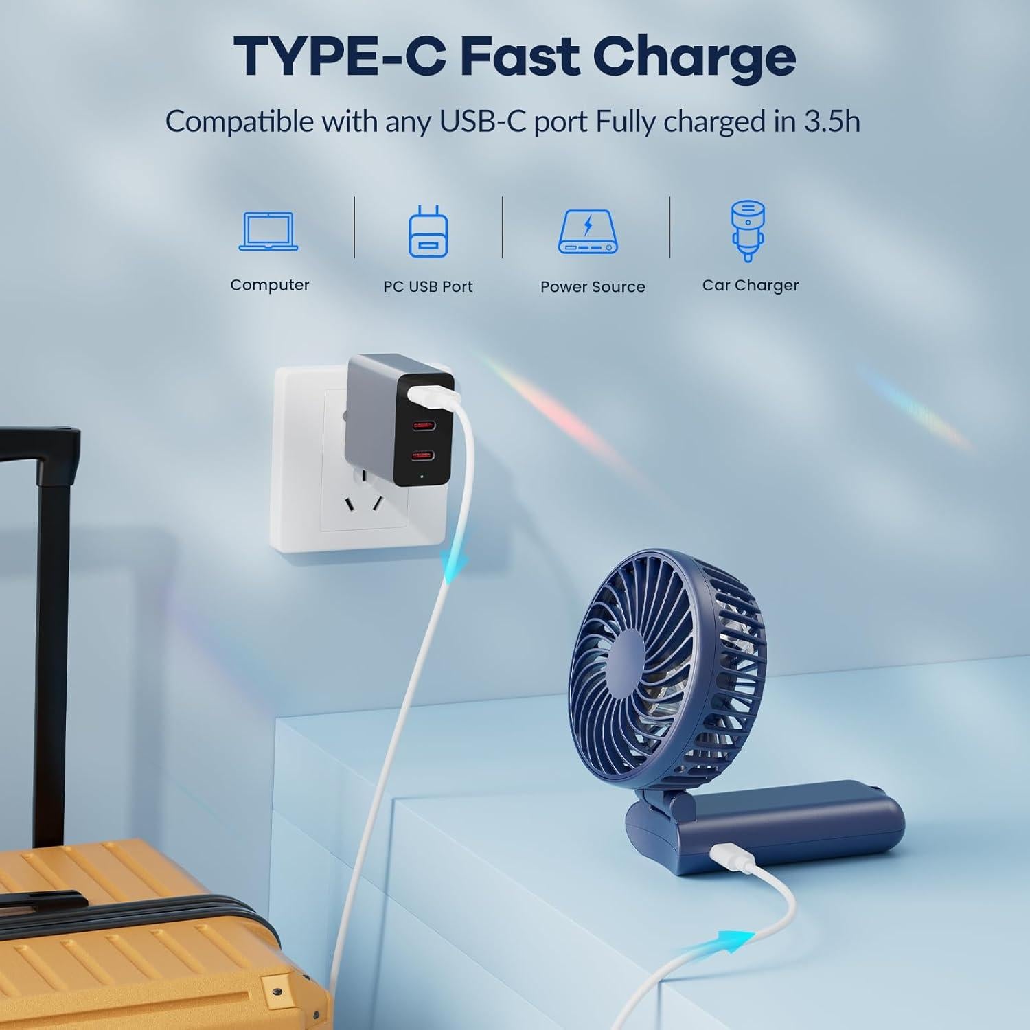 Ventilador de Mano Portátil HandFan 5 Velocidades Azul