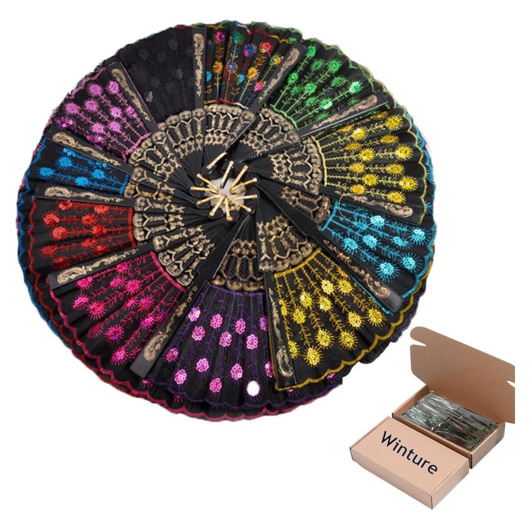 10 Abanicos Plegables Winture Pavo Real Bordado 23 cm