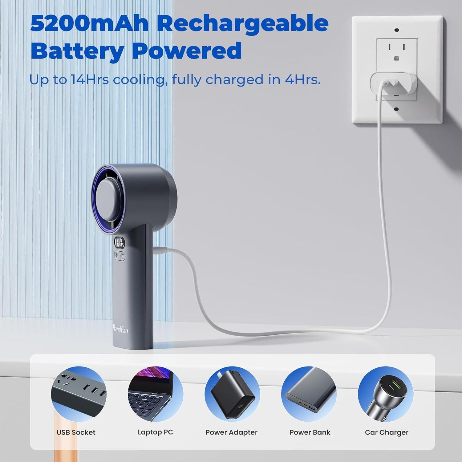 Ventilador de Mano Portátil 5200mAh Turbo Gris 100 Velocidades