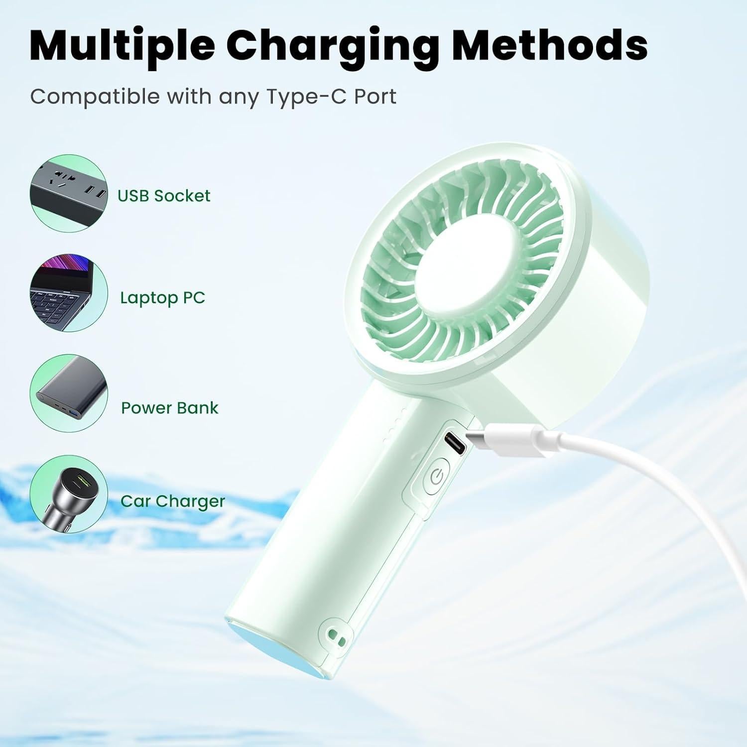 Ventilador de Mano HandFan Verde, 5 Velocidades, Recargable USB-C