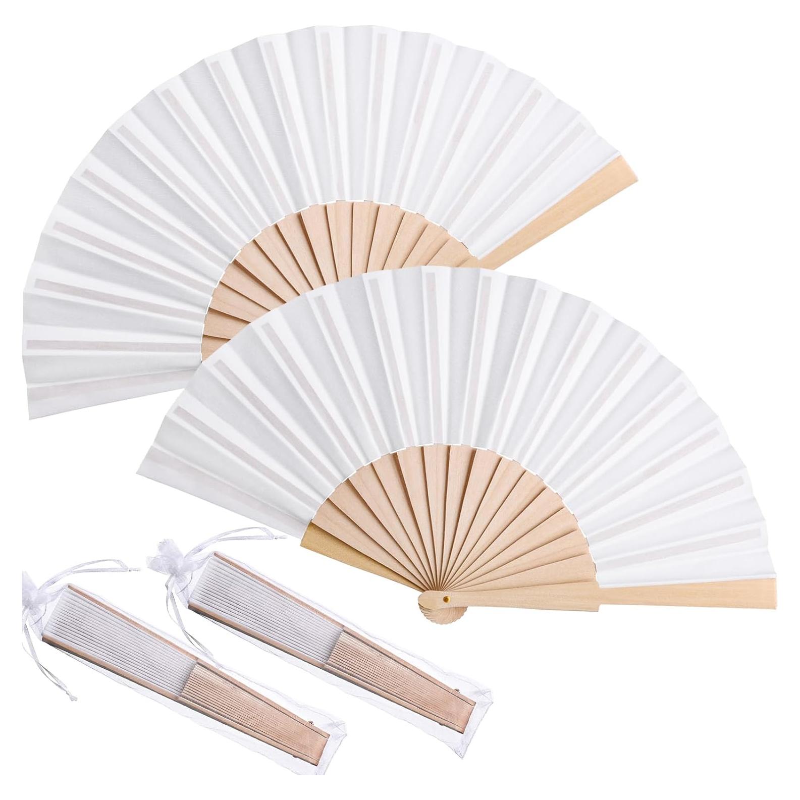 Chuangdi Abanicos de Mano Plegables 2 Piezas Madera Tela Blanco