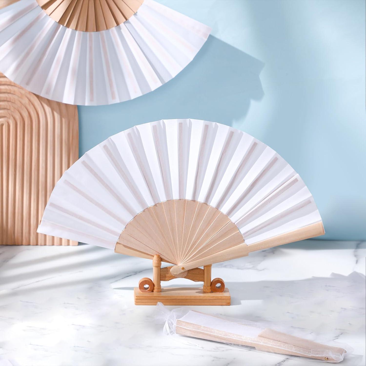 Chuangdi Abanicos de Mano Plegables 2 Piezas Madera Tela Blanco
