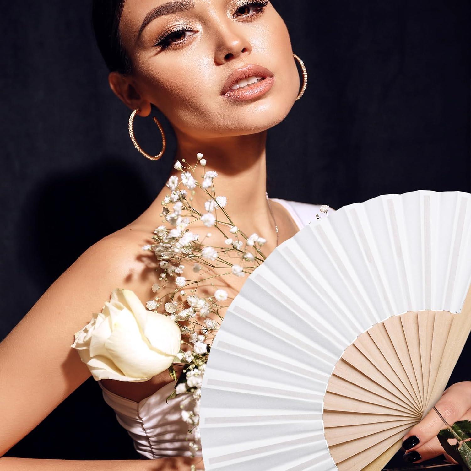 Chuangdi Abanicos de Mano Plegables 2 Piezas Madera Tela Blanco