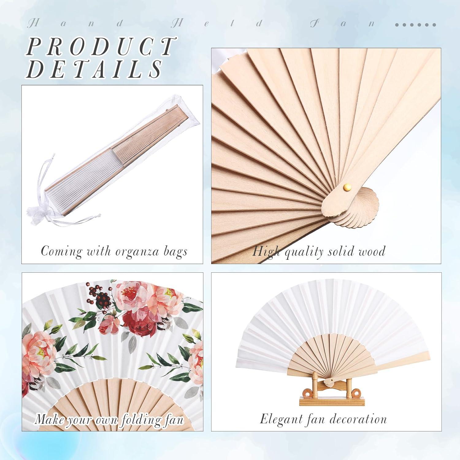 Chuangdi Abanicos de Mano Plegables 2 Piezas Madera Tela Blanco