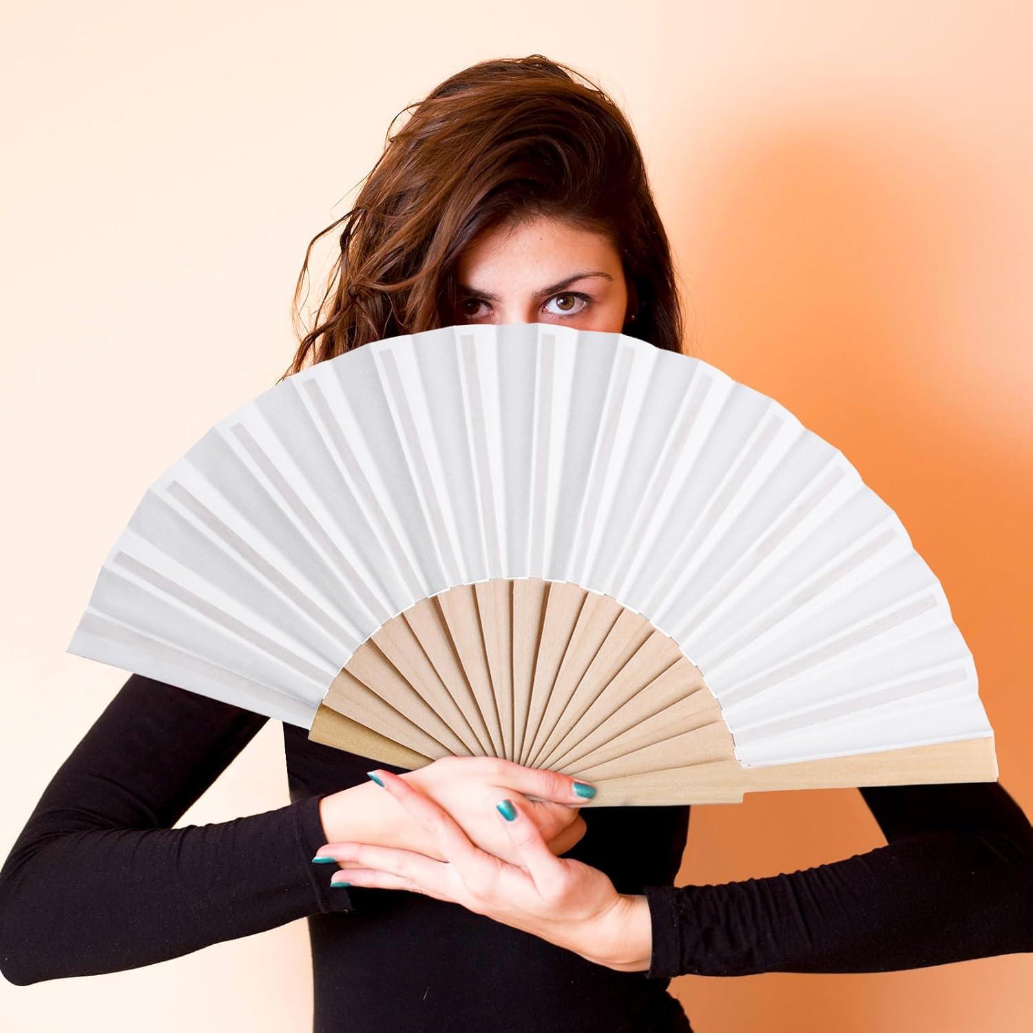Chuangdi Abanicos de Mano Plegables 2 Piezas Madera Tela Blanco