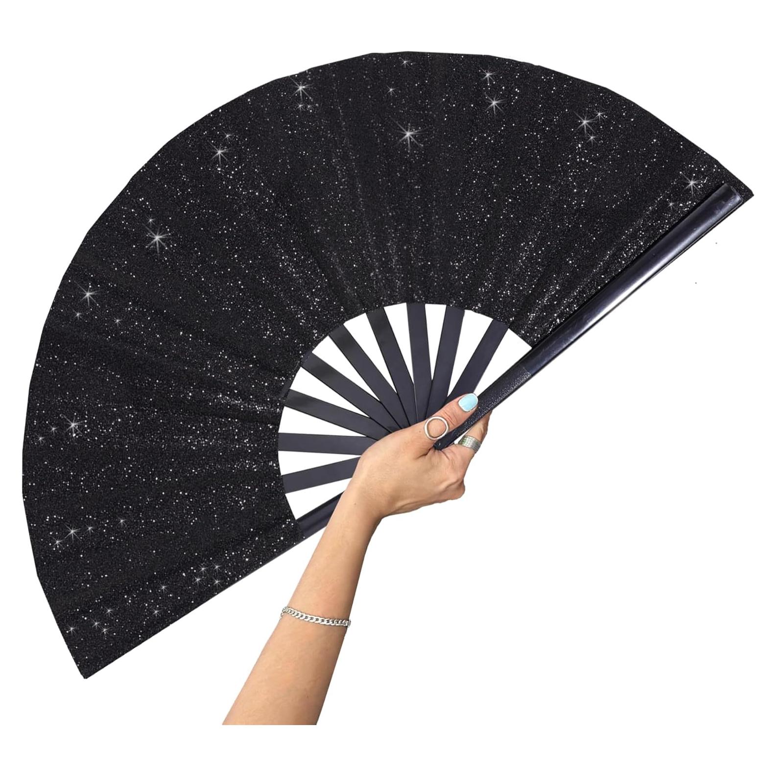 Abanico Plegable Grande 33 cm Brillo Negro para Danza