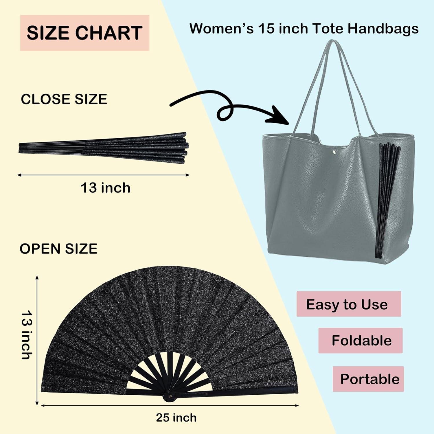 Abanico Plegable Grande 33 cm Brillo Negro para Danza