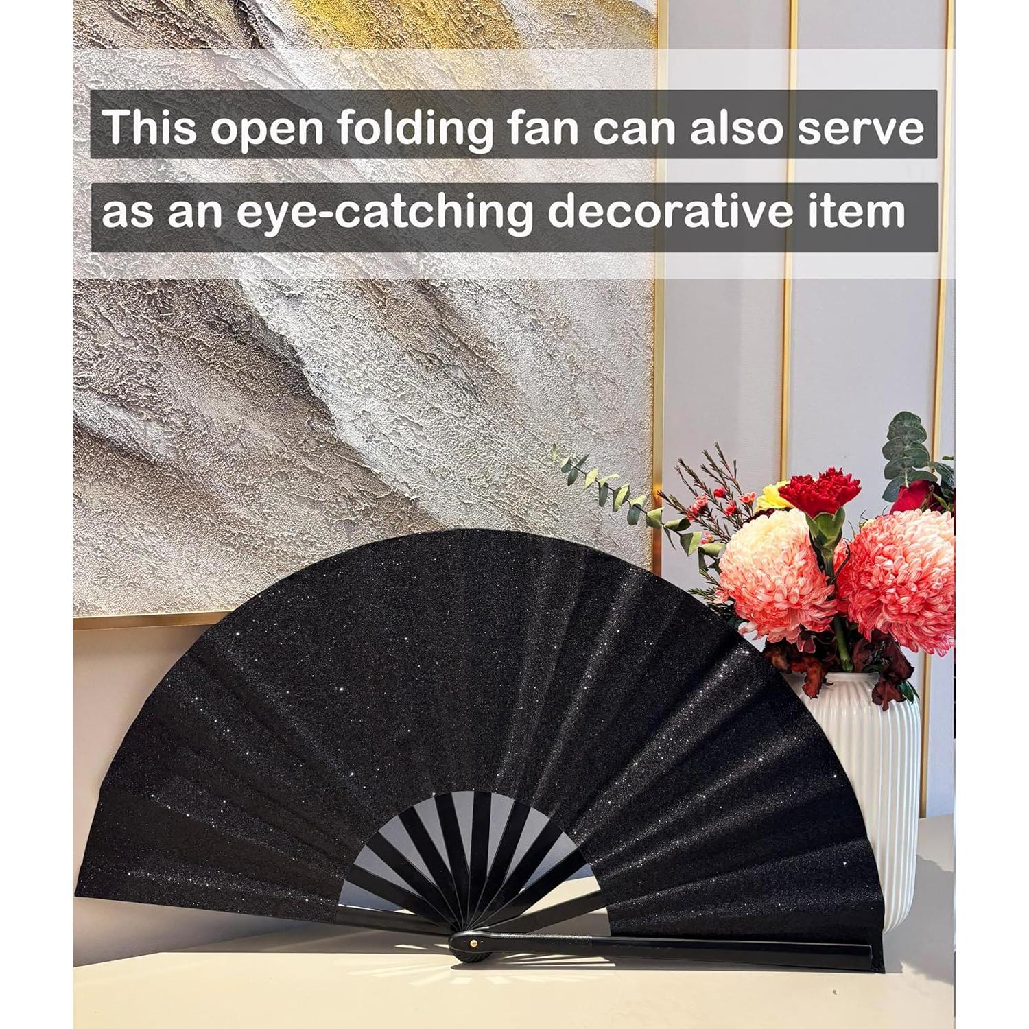 Abanico Plegable Grande 33 cm Brillo Negro para Danza