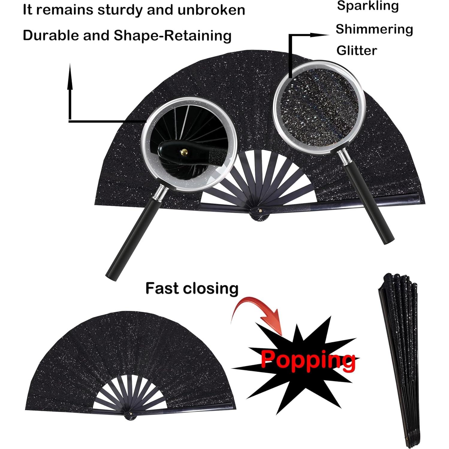 Abanico Plegable Grande 33 cm Brillo Negro para Danza