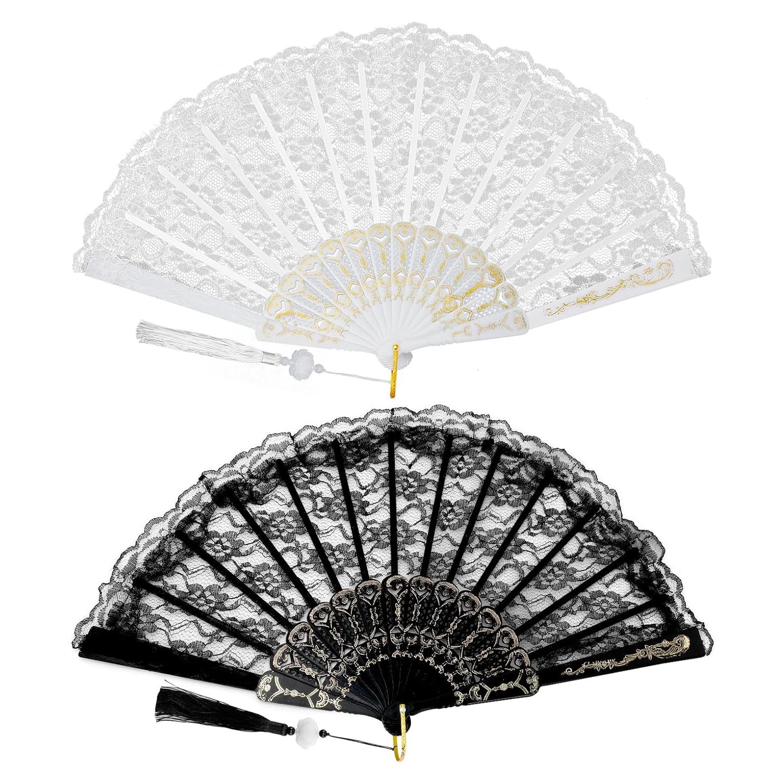 2 Abanicos Plegables de Encaje Zickupy con Borla - Negro y Blanco