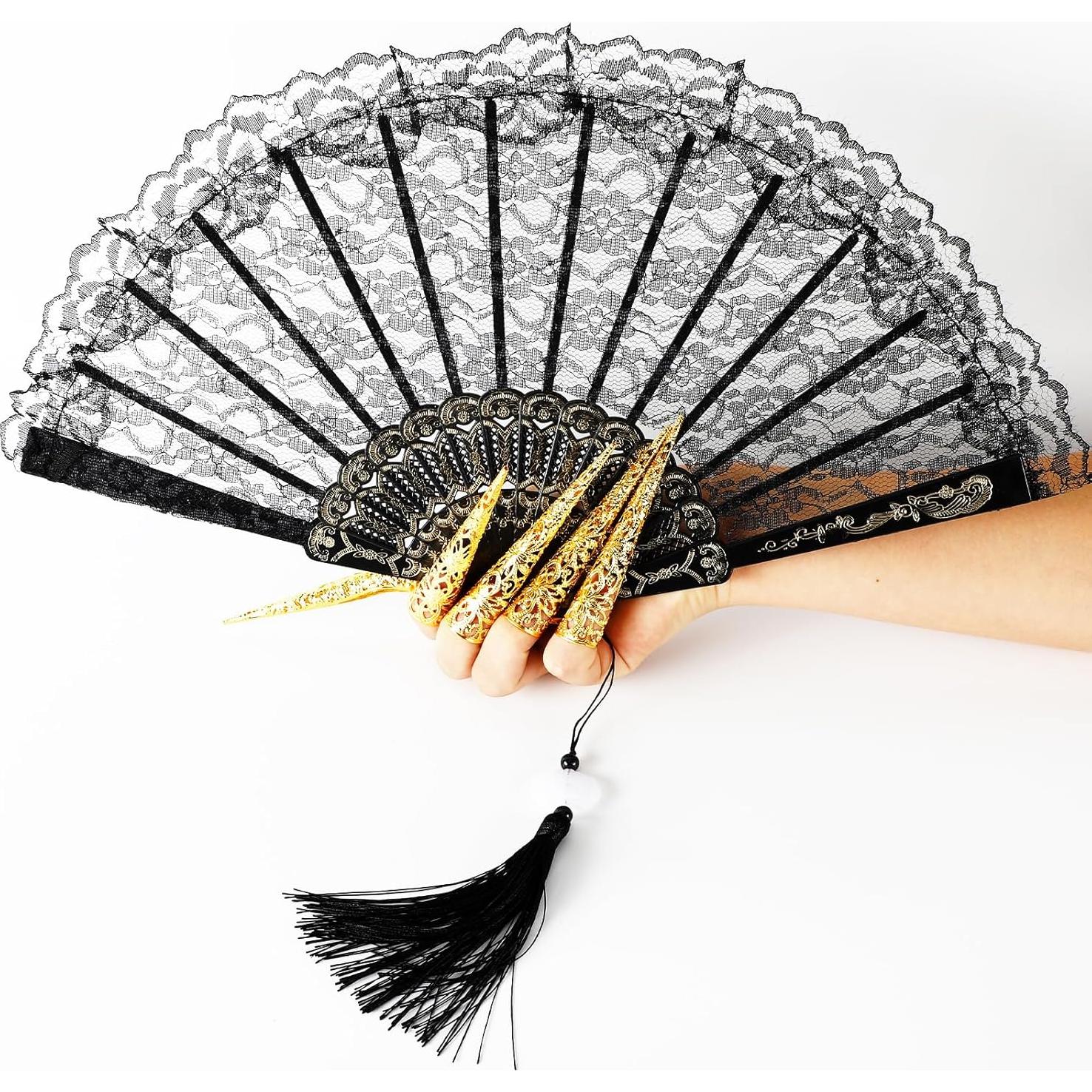 2 Abanicos Plegables de Encaje Zickupy con Borla - Negro y Blanco