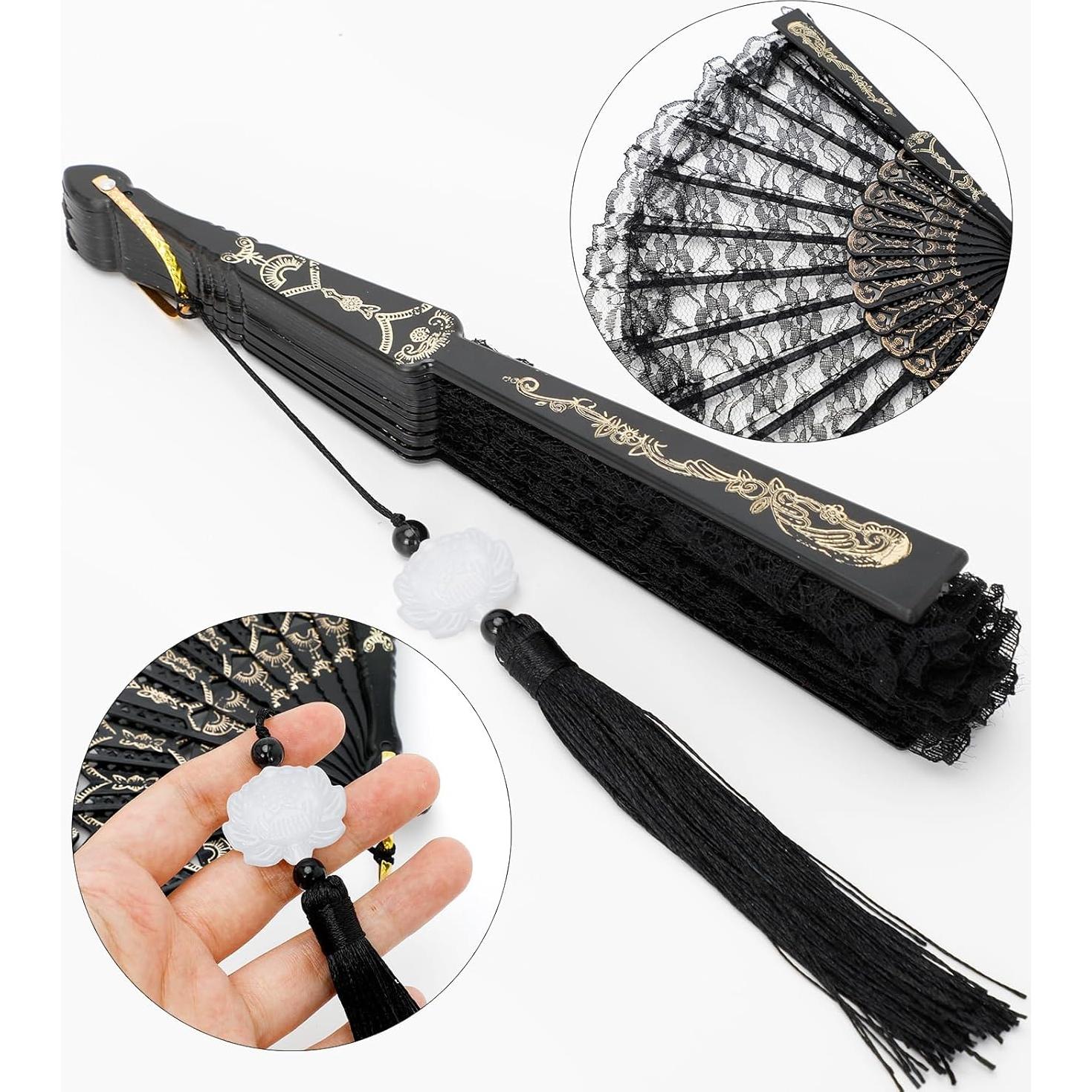 2 Abanicos Plegables de Encaje Zickupy con Borla - Negro y Blanco