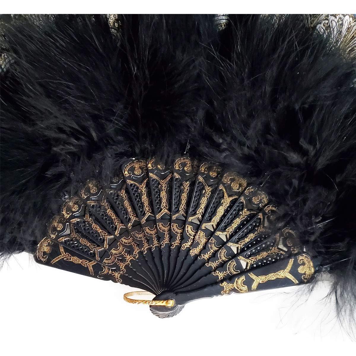 Abanico de Plumas Bordadas Happy Feather Vintage Negro 52x28cm