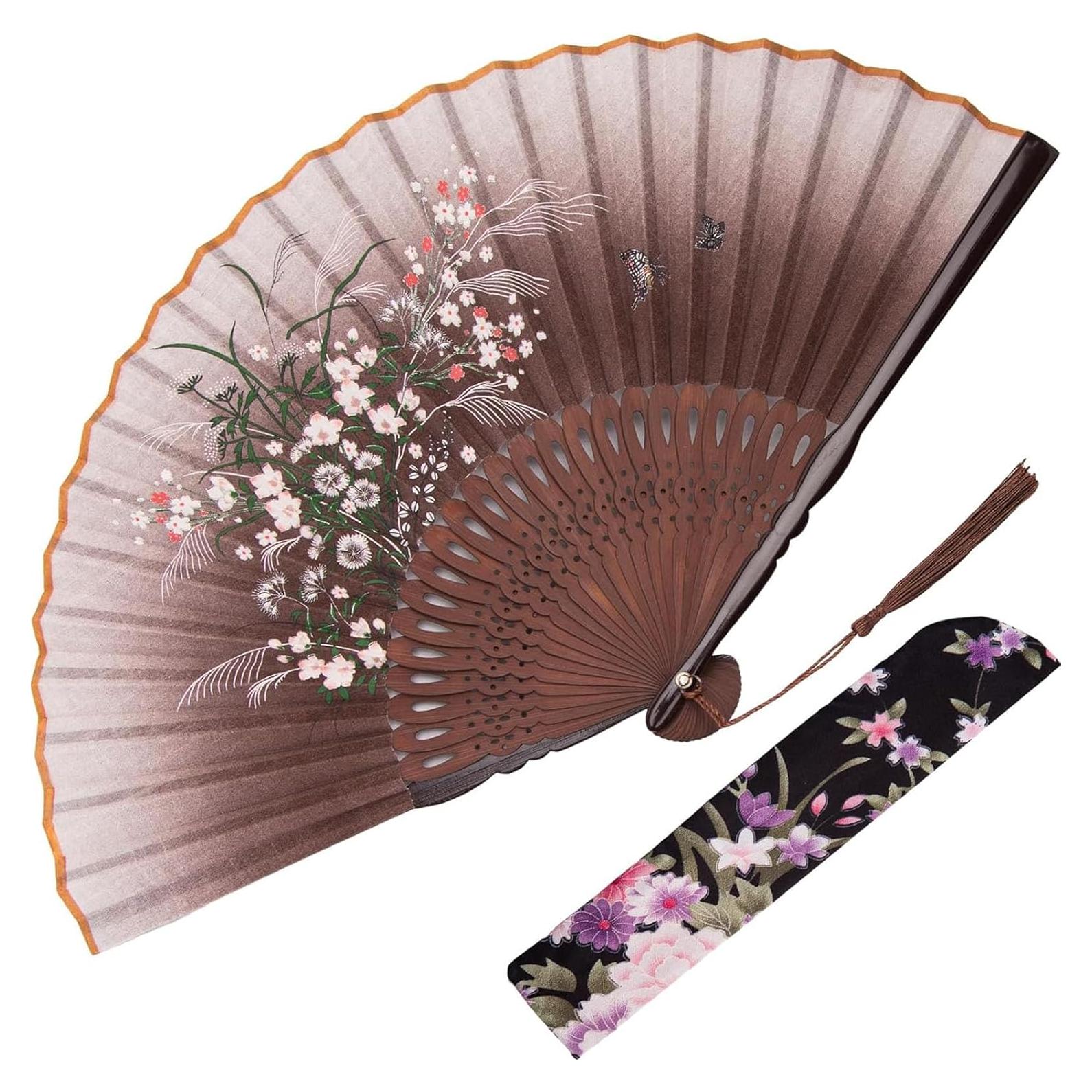 Abanico Plegable de Lino Marrón JOHOUSE 21 cm con Funda