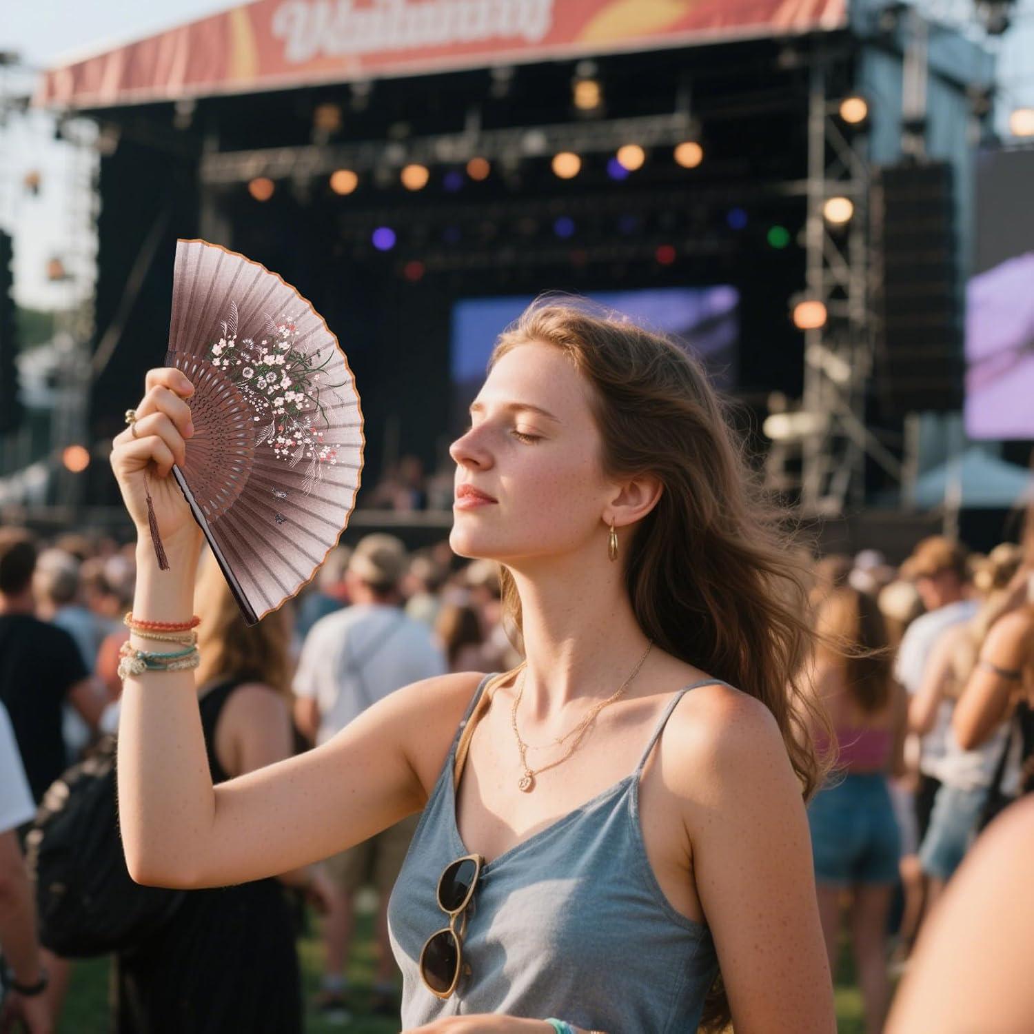 Abanico Plegable de Lino Marrón JOHOUSE 21 cm con Funda