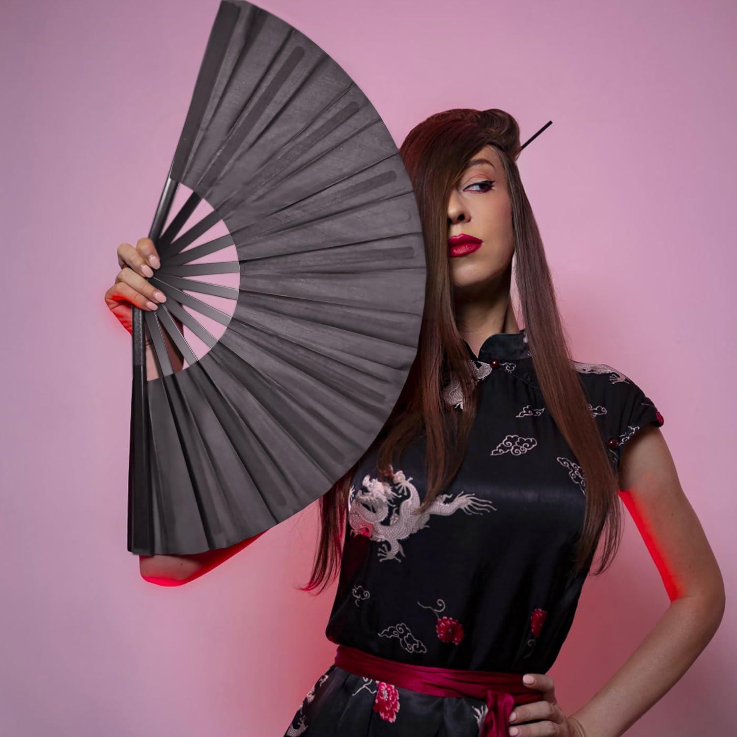 Abanico Plegable Grande Quacc Negro 33 cm para Tai Chi y Baile