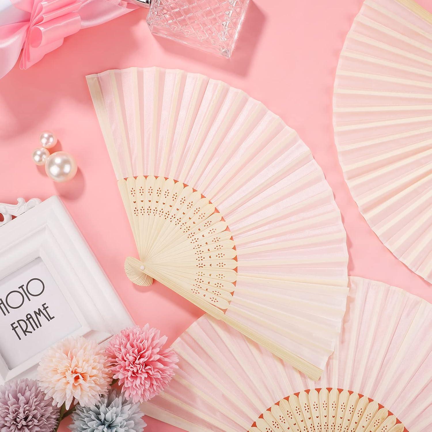 Aneco 18 Abanicos Plegables de Bambú y Tela Crema para Bodas