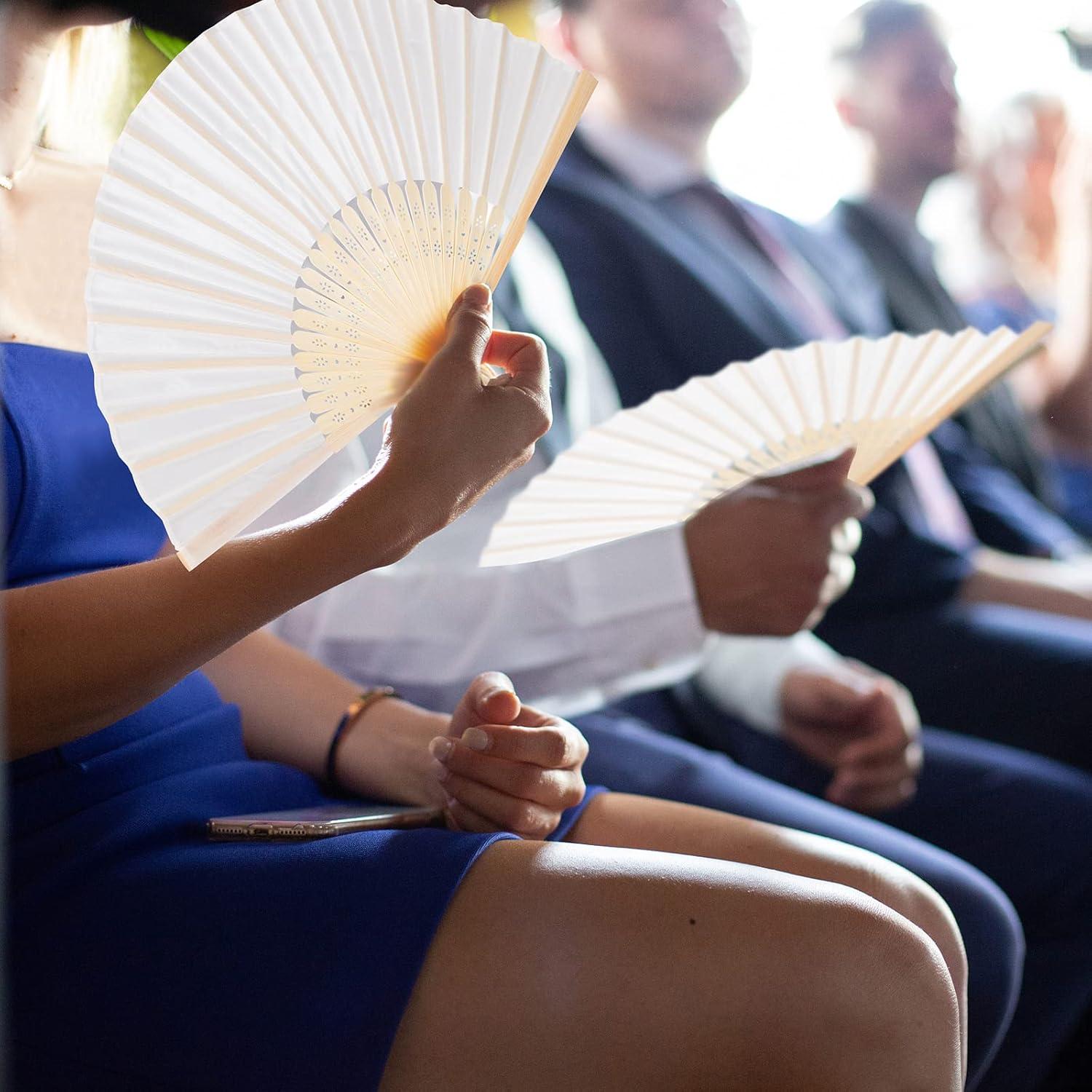 Aneco 18 Abanicos Plegables de Bambú y Tela Crema para Bodas