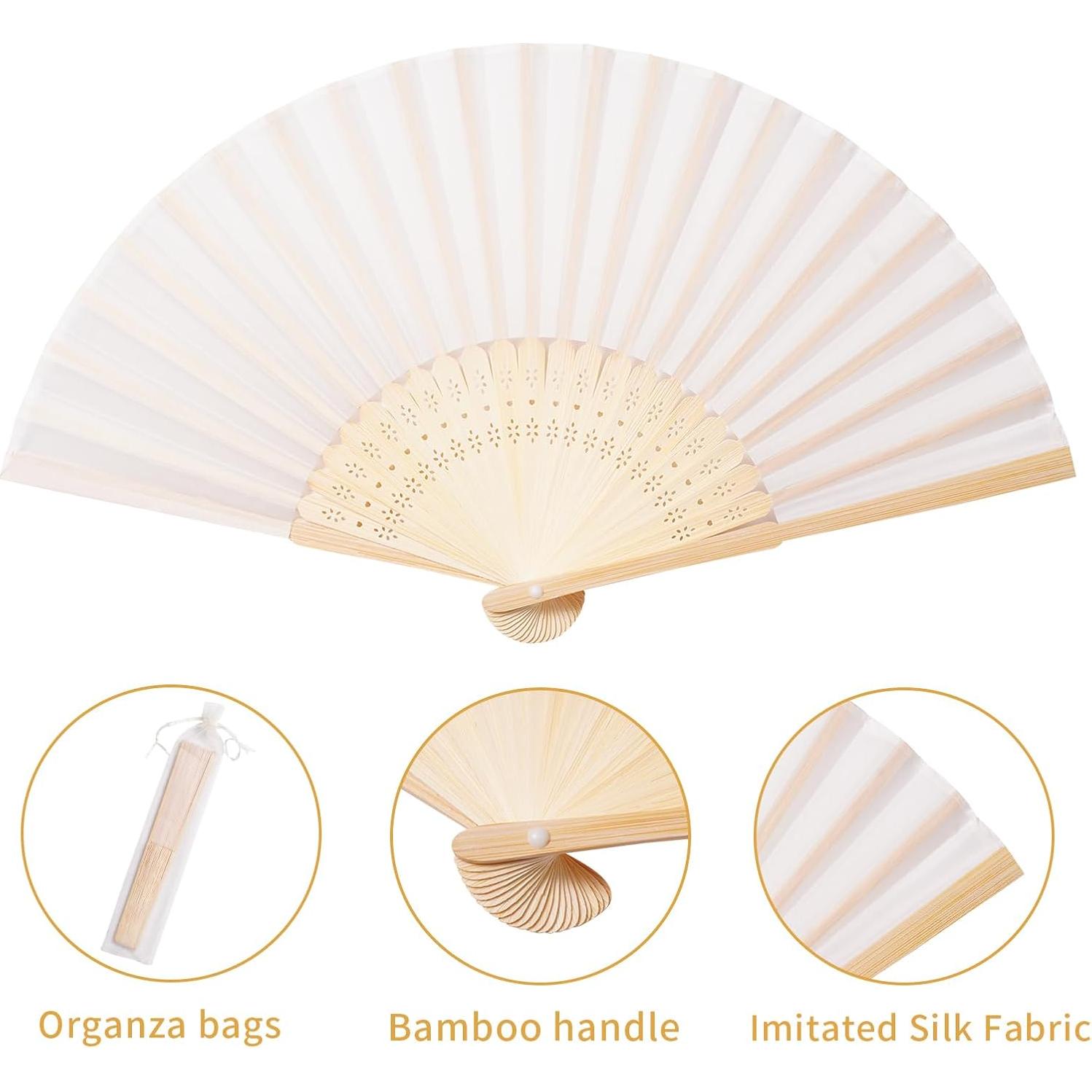 50 Abanicos de Tela Imitada Crema con Bolsas de Organza