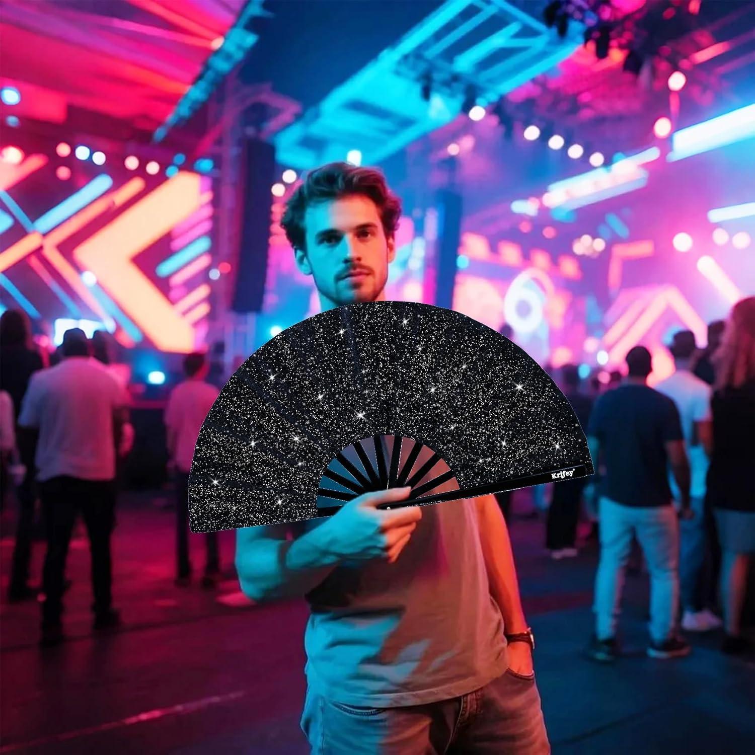 Abanico Plegable Krifey Diamante Negro 63.5 cm para Rave