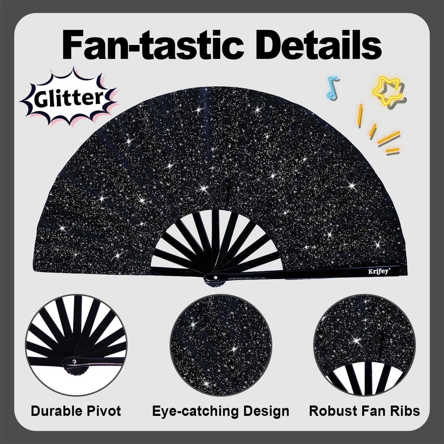 Abanico Plegable Krifey Diamante Negro 63.5 cm para Rave