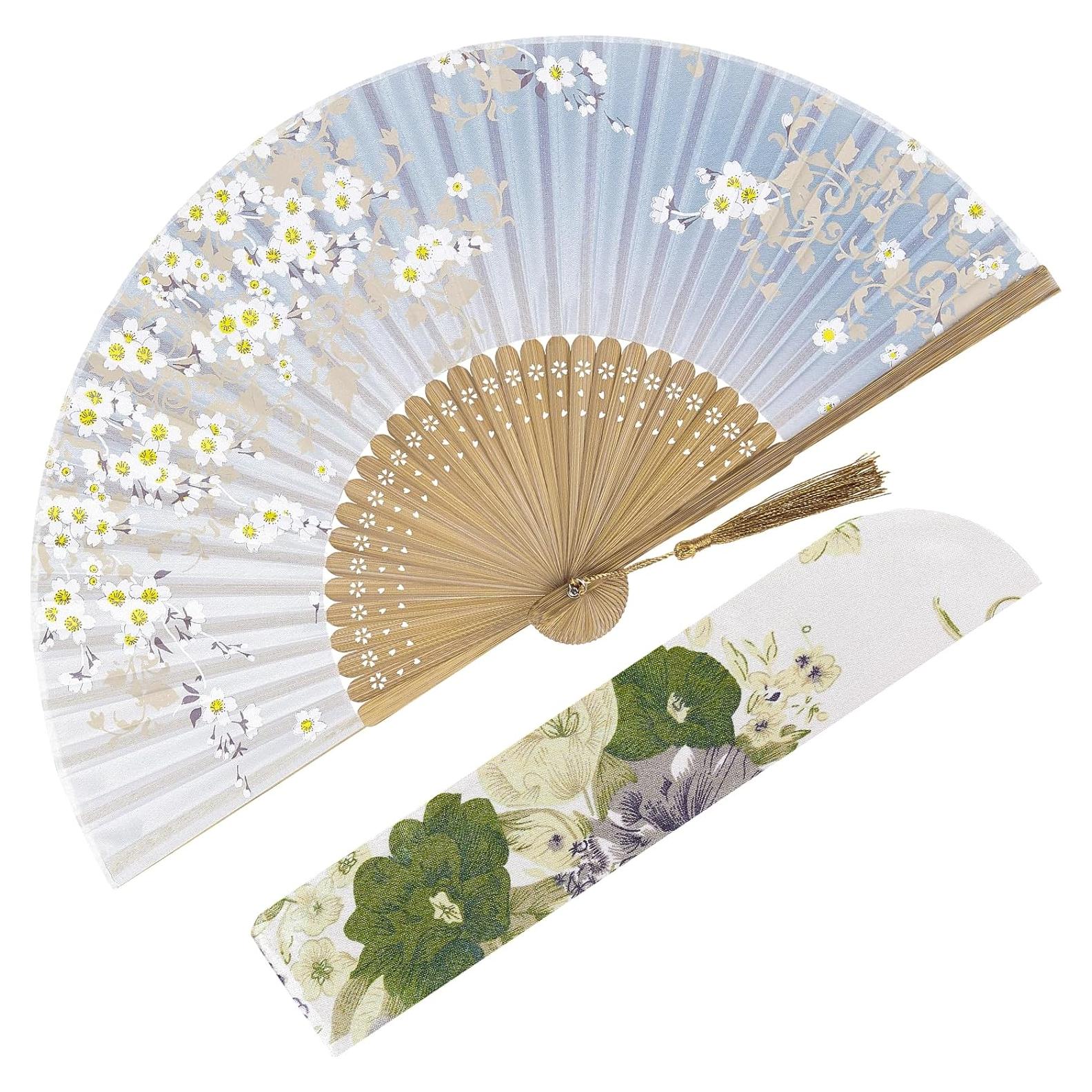 Abanico Plegable de Seda y Bambú Gris-Sakura para Mujeres