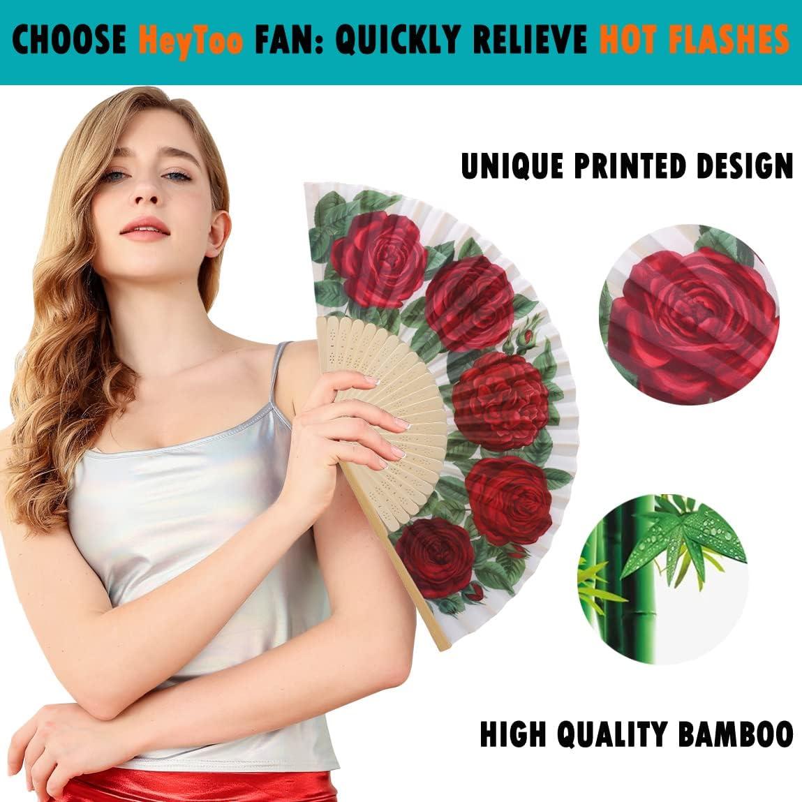 Abanico de Mano HeyToo Rosa Roja Plegable en Bambú 23cm