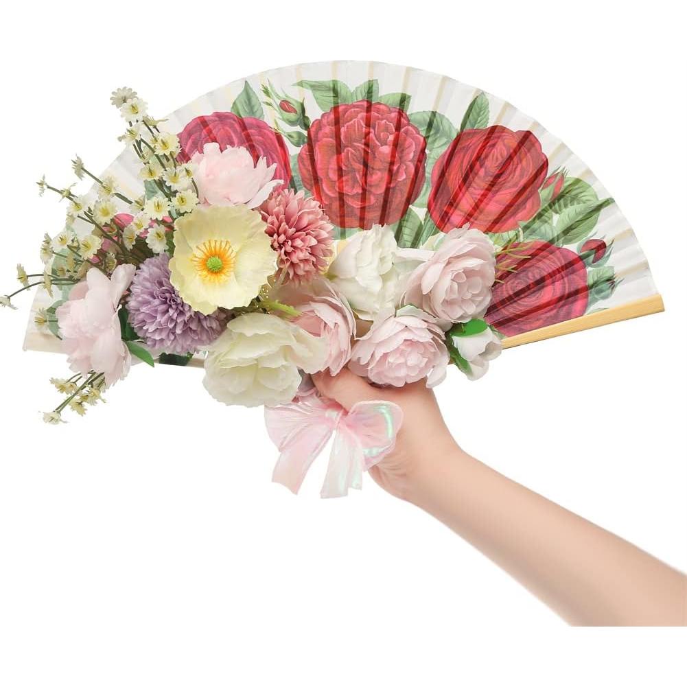 Abanico de Mano HeyToo Rosa Roja Plegable en Bambú 23cm