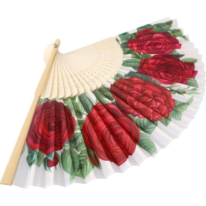 Abanico de Mano HeyToo Rosa Roja Plegable en Bambú 23cm