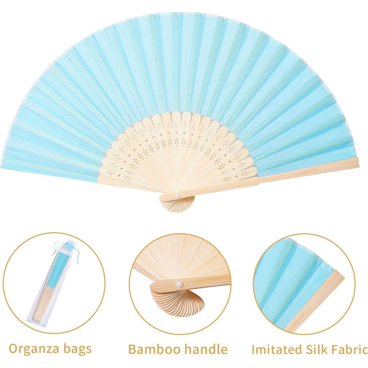 Abanicos de Mano Azul 50pcs Tela Bambú con Bolsas Organza