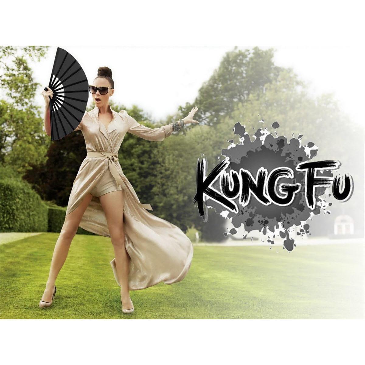 Abanico Plegable OMyTea Kung Fu Negro 33x64.8cm para Rave