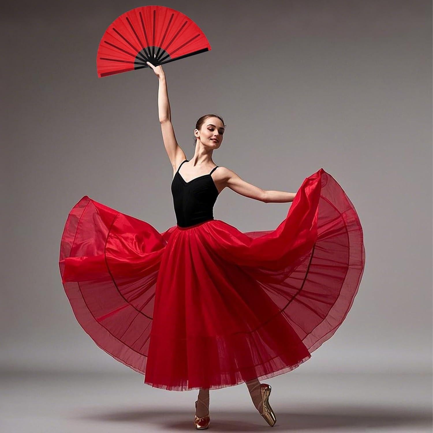 Abanico Plegable Nydotd Grande Rojo de Nylon para Danza