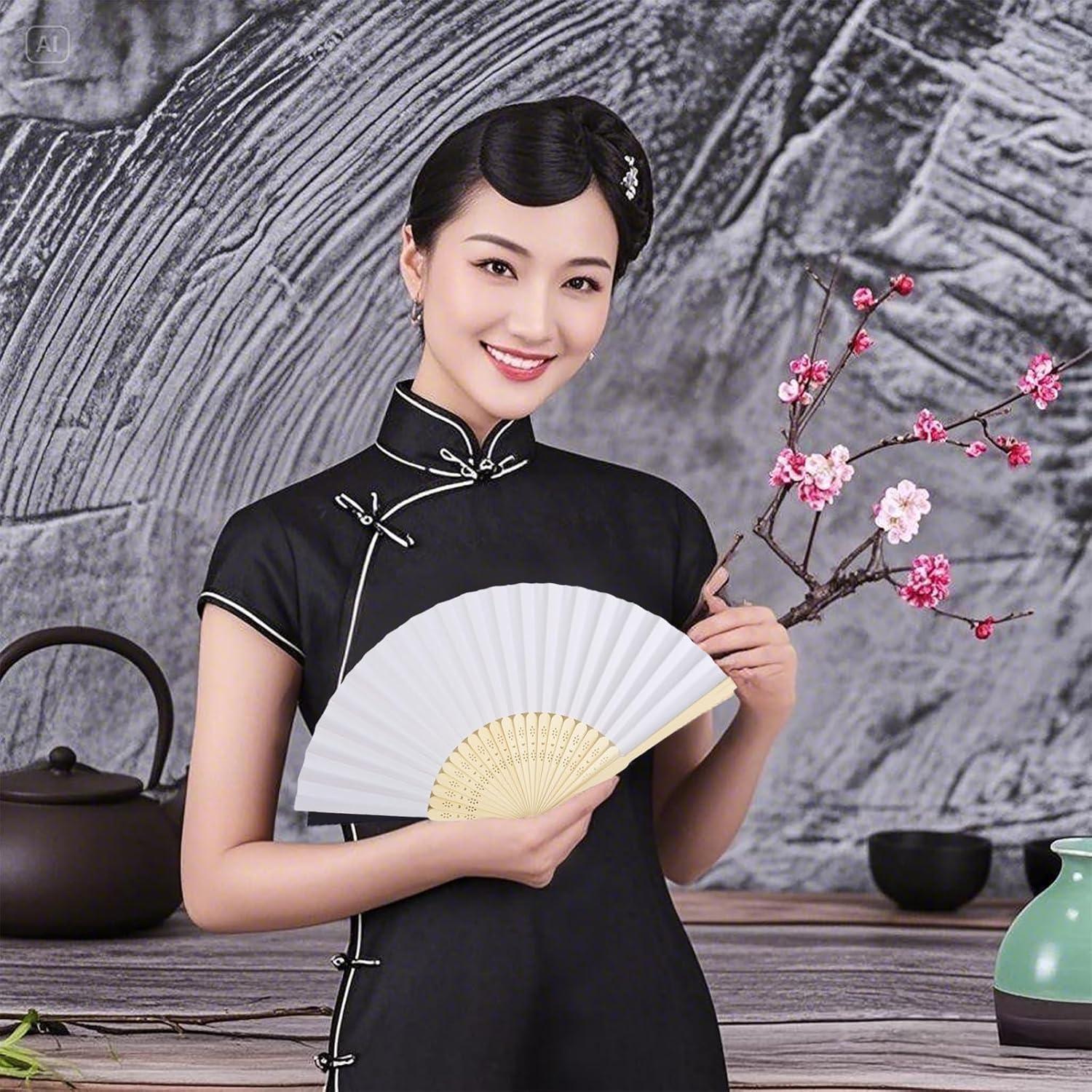 12 Abanicos de Papel Plegables Blancos 21 cm para Bodas y Fiestas