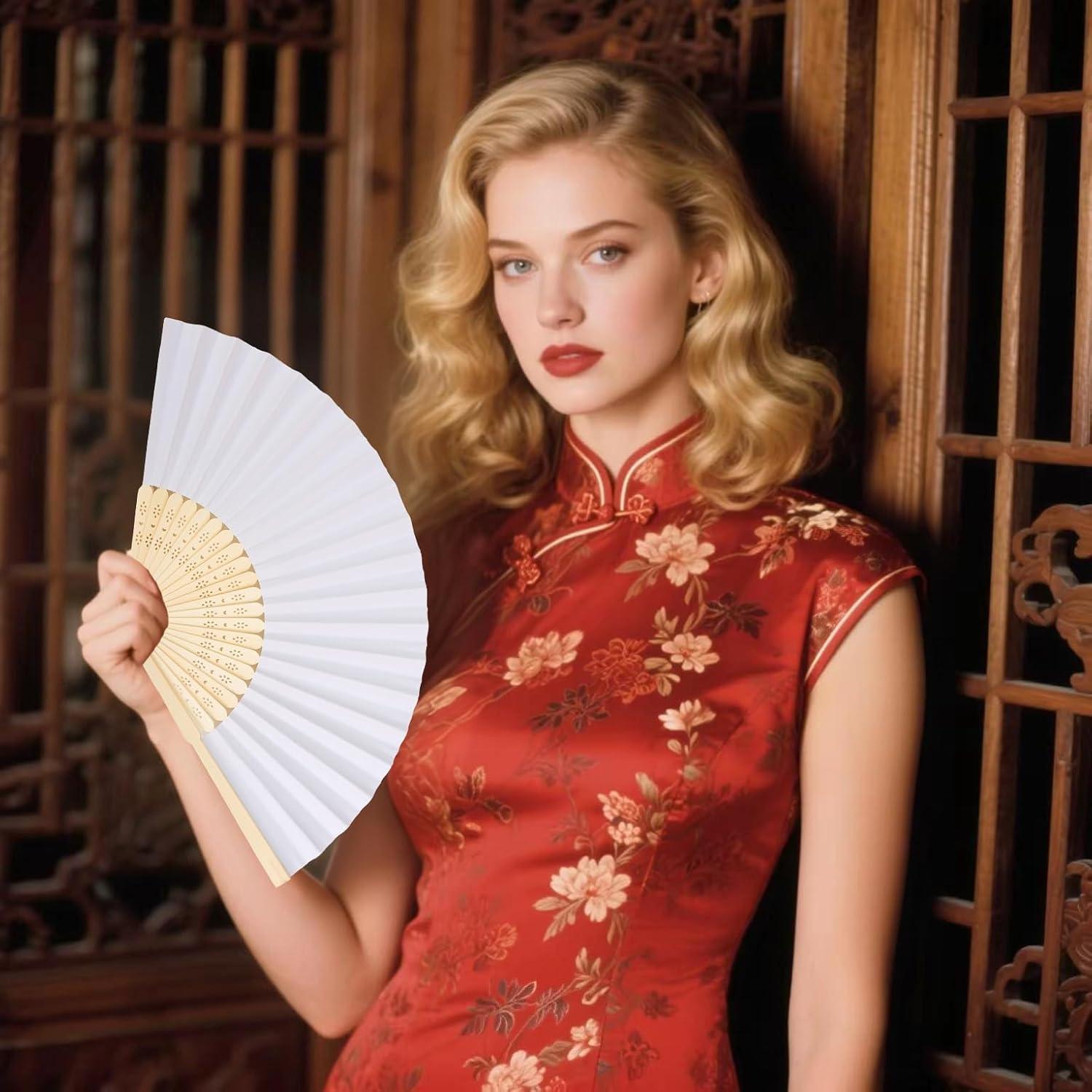 12 Abanicos de Papel Plegables Blancos 21 cm para Bodas y Fiestas