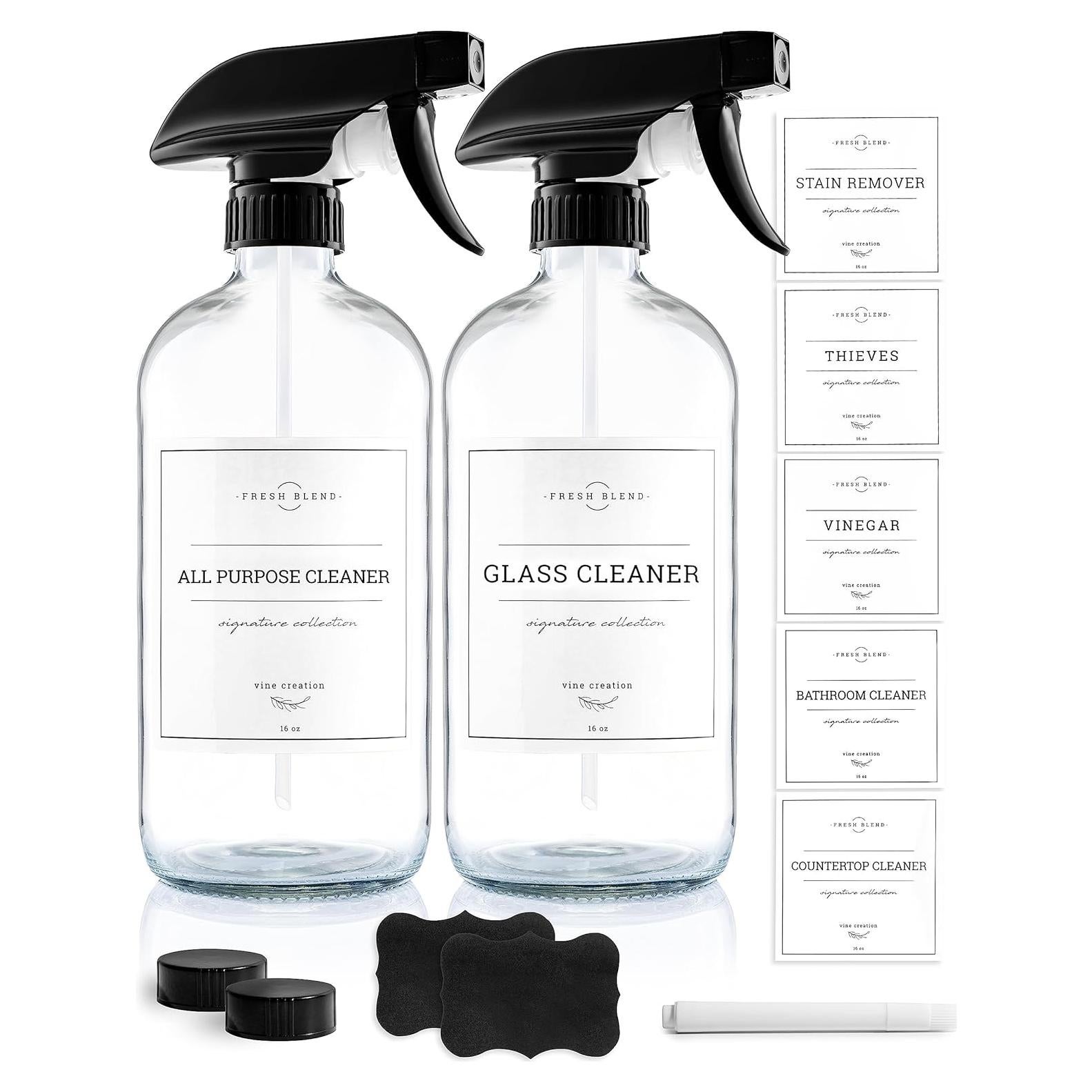 Vine Creations Glass Spray Bottles, 2 Pack Refillable Spray Bottles for Cleaning Solutions, Plant Misters, Clear Glass Spray Bottle for hair, 16 oz Mister Spray Bottle with Waterproof Labels