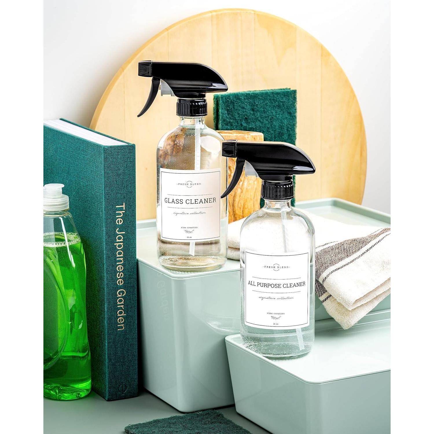 Vine Creations Glass Spray Bottles, 2 Pack Refillable Spray Bottles for Cleaning Solutions, Plant Misters, Clear Glass Spray Bottle for hair, 16 oz Mister Spray Bottle with Waterproof Labels