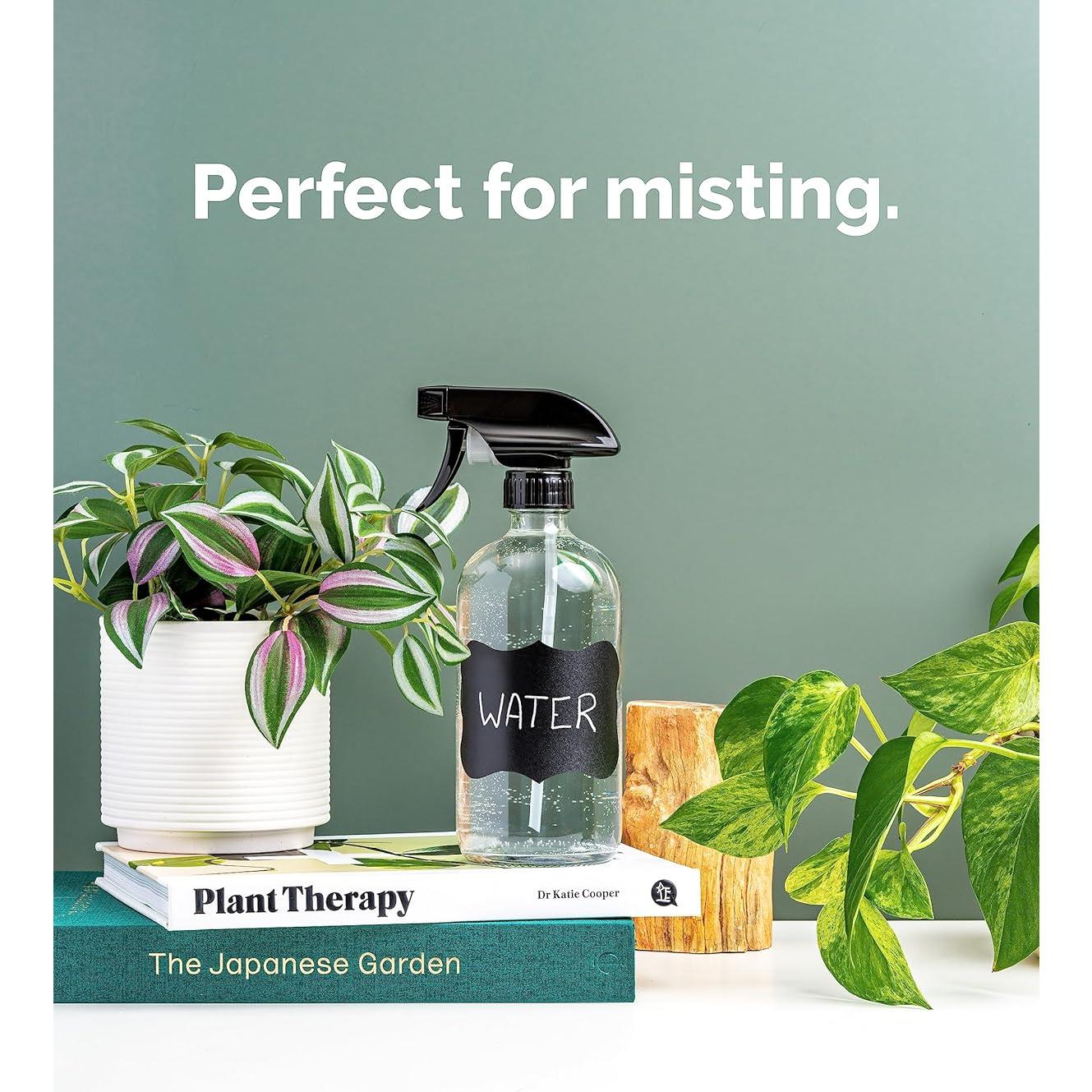 Vine Creations Glass Spray Bottles, 2 Pack Refillable Spray Bottles for Cleaning Solutions, Plant Misters, Clear Glass Spray Bottle for hair, 16 oz Mister Spray Bottle with Waterproof Labels