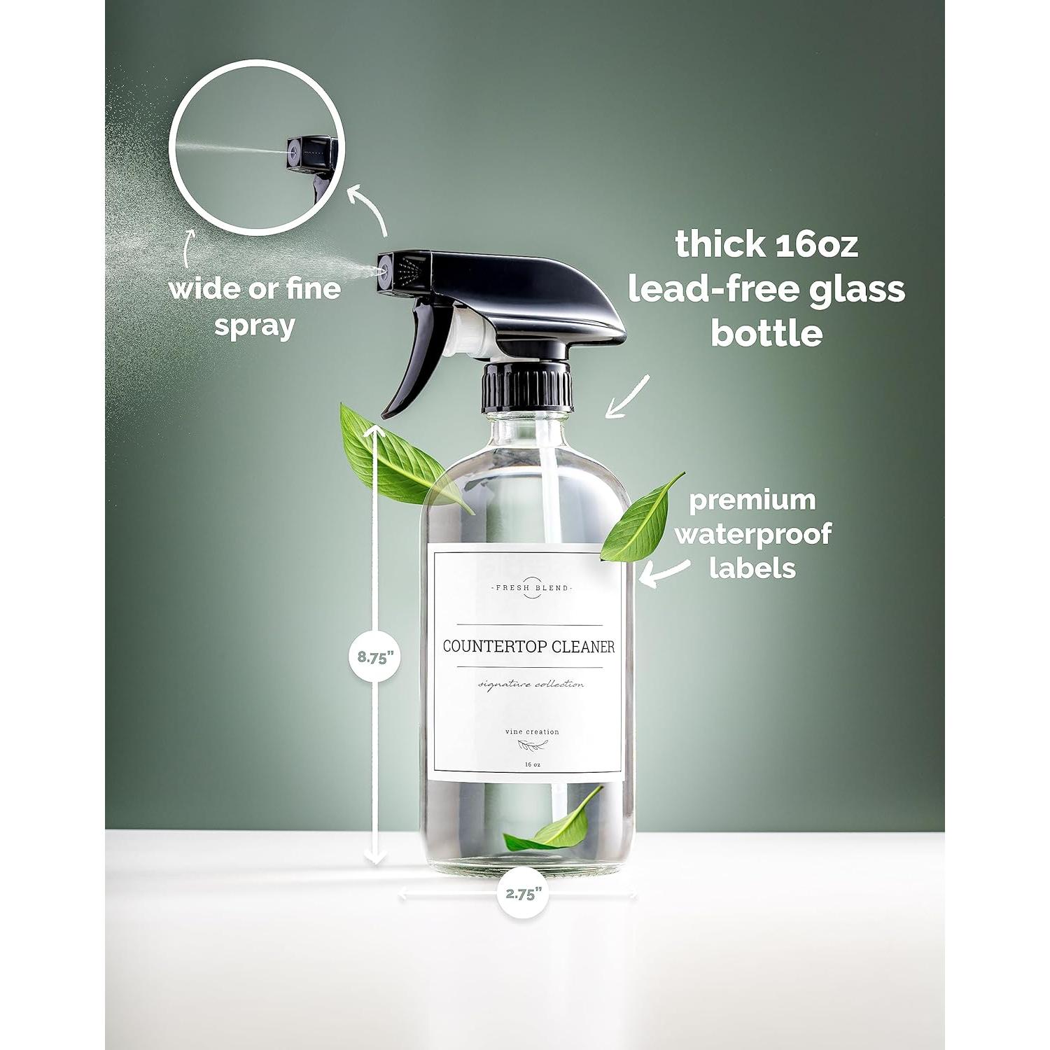 Vine Creations Glass Spray Bottles, 2 Pack Refillable Spray Bottles for Cleaning Solutions, Plant Misters, Clear Glass Spray Bottle for hair, 16 oz Mister Spray Bottle with Waterproof Labels