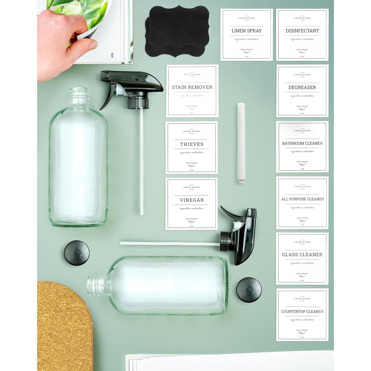 Vine Creations Glass Spray Bottles, 2 Pack Refillable Spray Bottles for Cleaning Solutions, Plant Misters, Clear Glass Spray Bottle for hair, 16 oz Mister Spray Bottle with Waterproof Labels