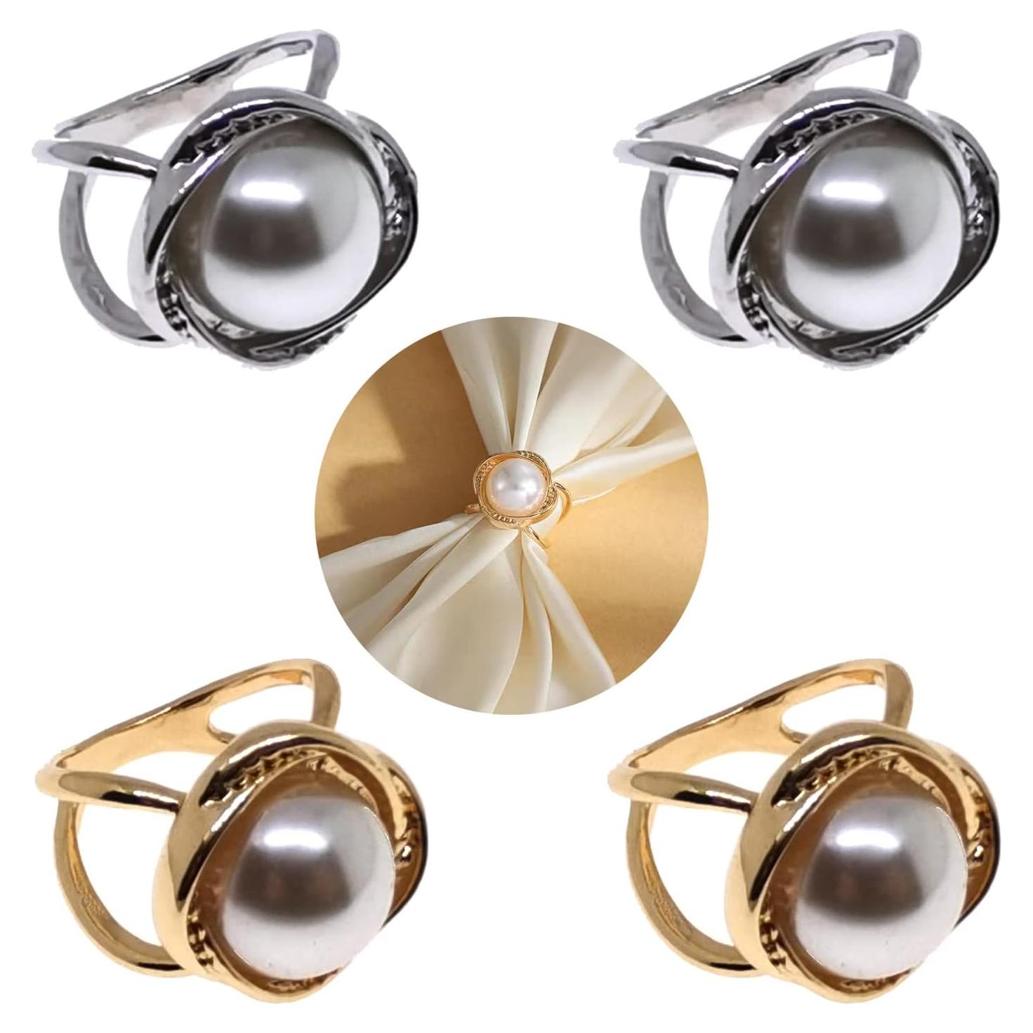 4 Hebillas de Bufanda con Perlas y Rhinestones - Oro y Plata