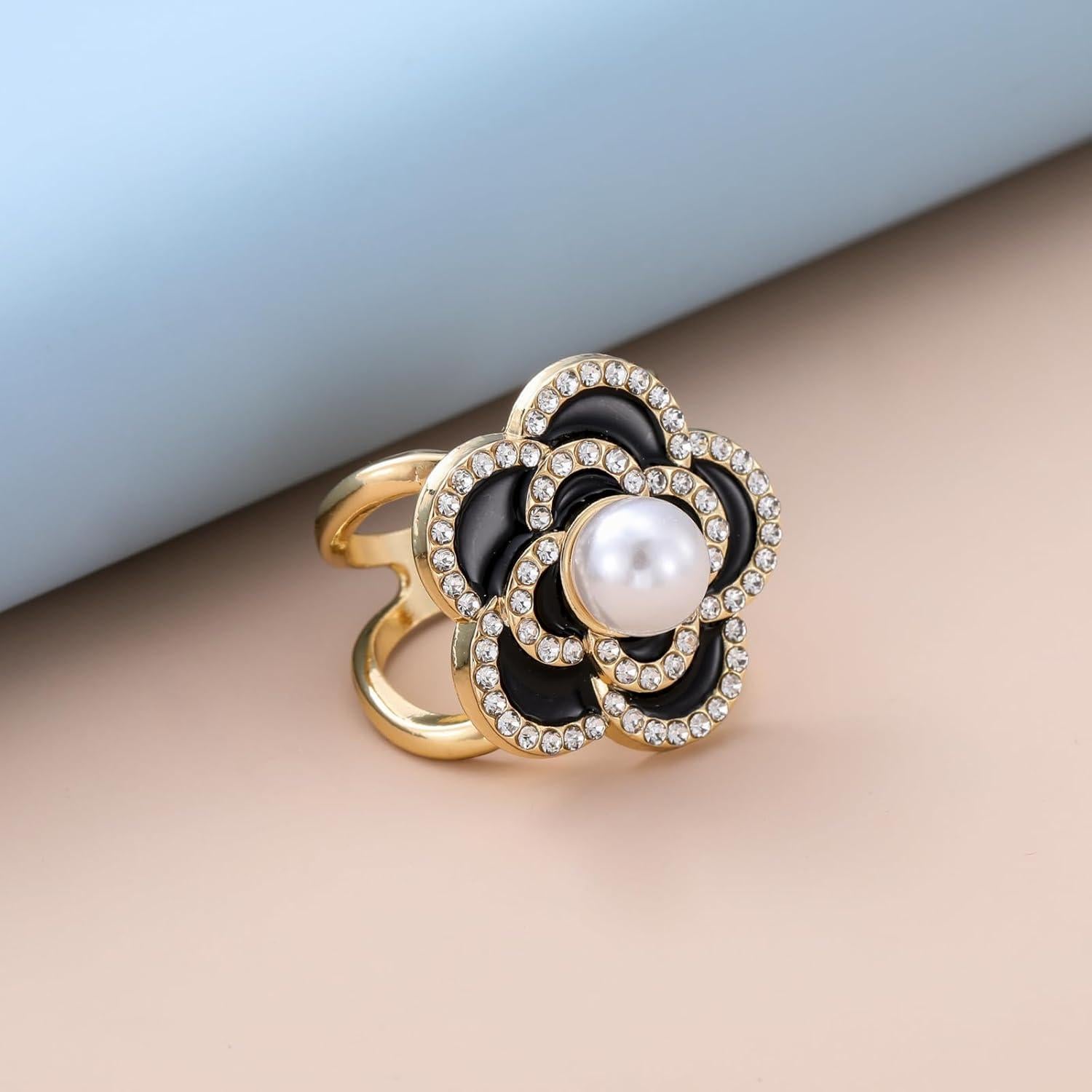 Anillo para Bufanda Camelia Baño de Oro con Perlas y Strass