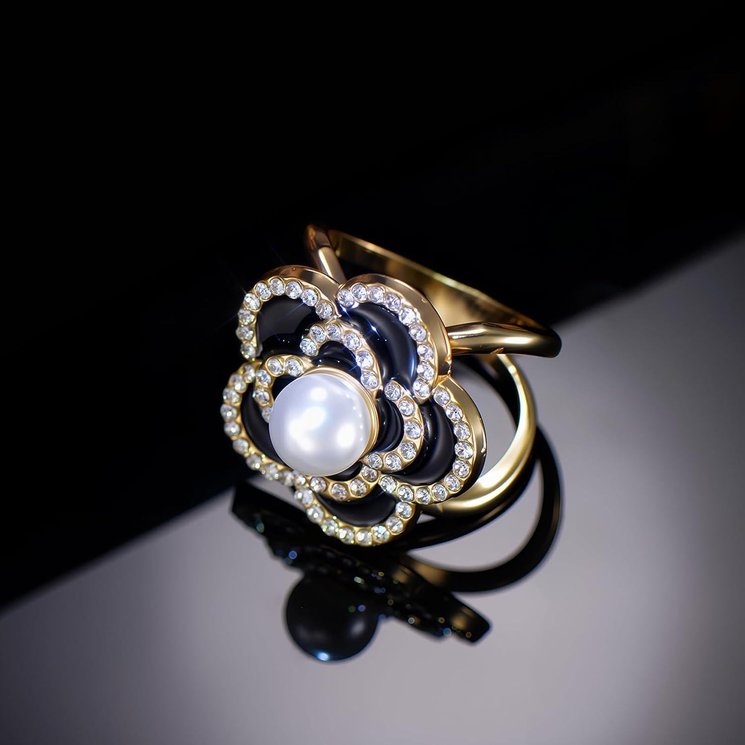 Anillo para Bufanda Camelia Baño de Oro con Perlas y Strass